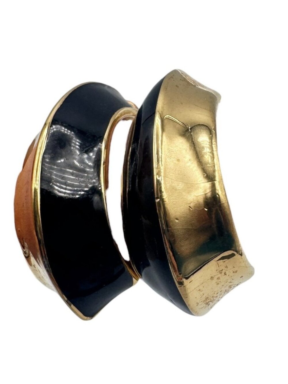 Vintage Monet Black and Gold Enamel Pierced Earrings Half Hoop Statement Chunky - Picture 3 of 12